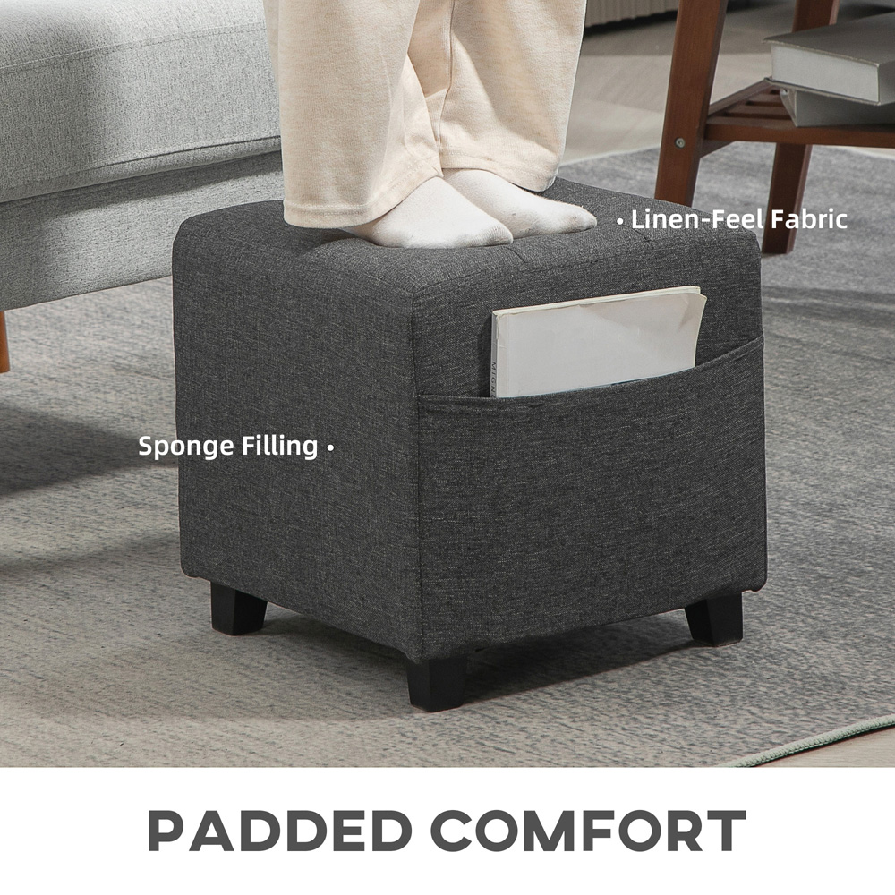 HOMCOM Small Linen Square Storage Footstool with Side Pocket Image 7