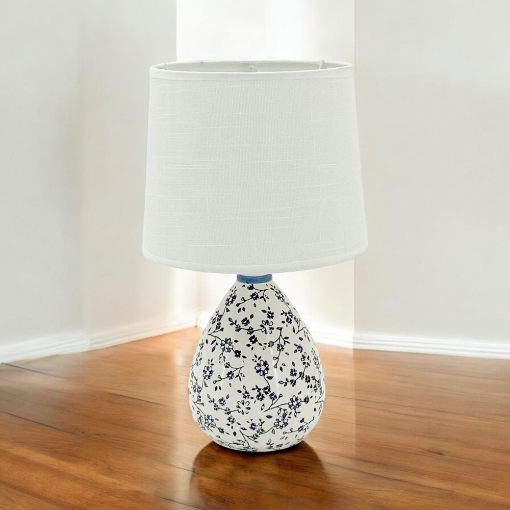 Acacia Home Fabric Shade Blue and White Flower Ceramic Lamp 37cm Image 2