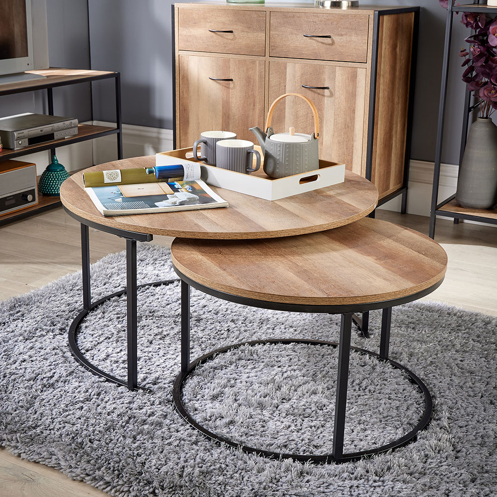Home Source Oakmere Black and Oak Effect Round Nest of Tables Set of 2 Image 5