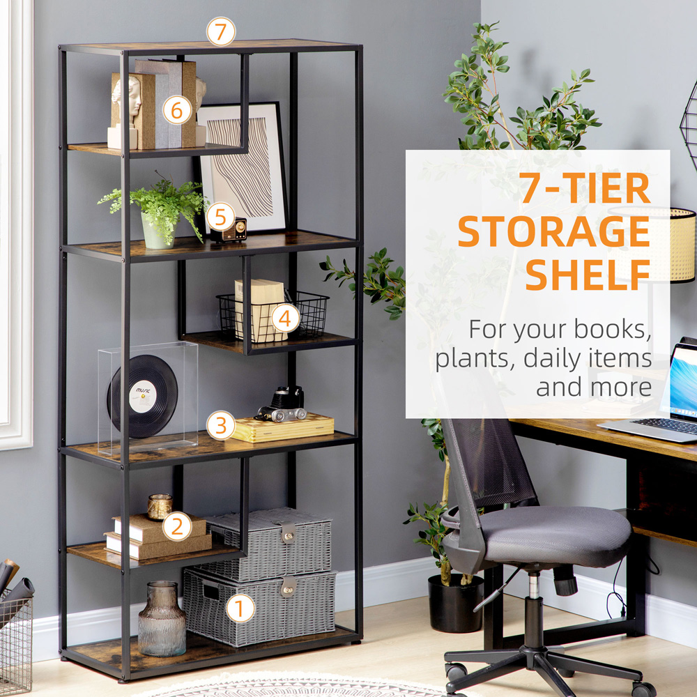 Portland 7 Shelf Rustic Brown and Black Bookcase Image 5