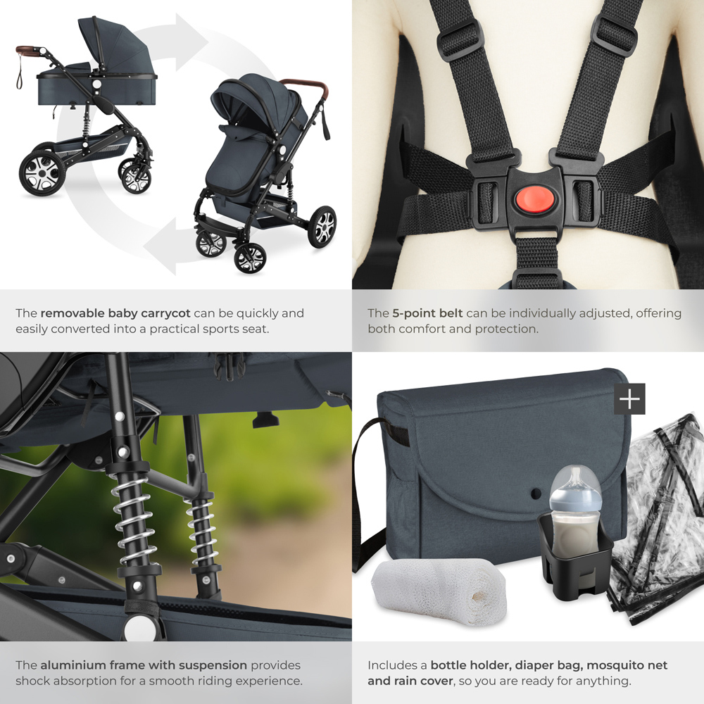 tectake Anthracite Foldable Pram Stroller with 5 Point Harness Safety Bar and Wrist Strap Image 7