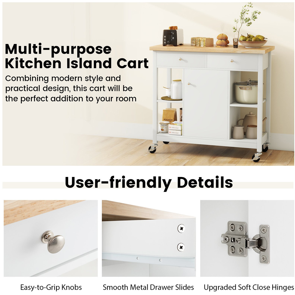 Costway White Rolling Kitchen Island Cart with Rubber Wood Top Image 8