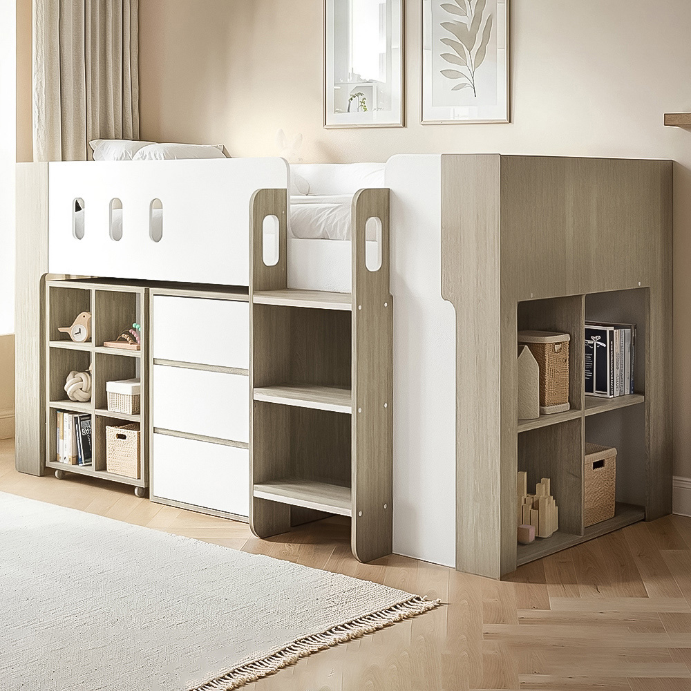 Flair Willow White and Oak Mid Sleeper Bed with Desk and Storage Image 1