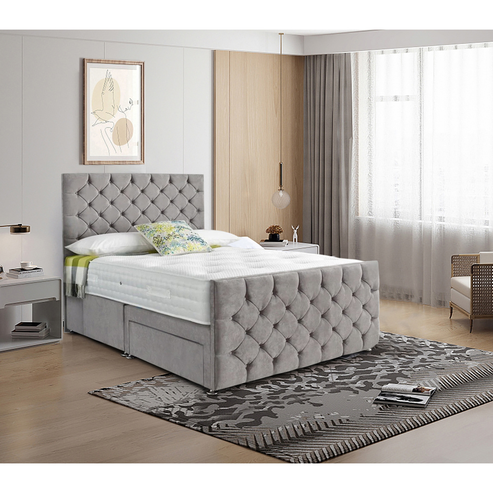 Eleganza Home Dreamscape Small Double Silver Plush Velvet Single Drawer Divan Bed with Headboard Image 2