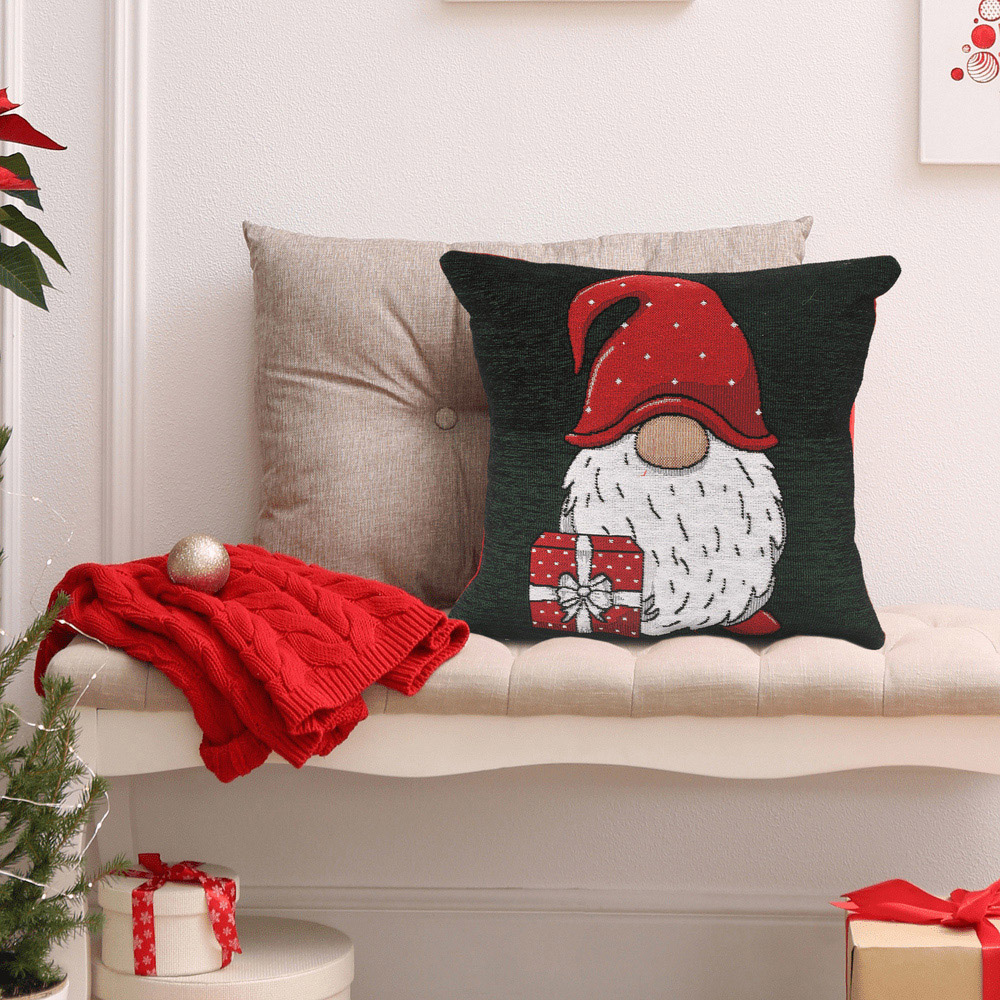 Noel Square Green Xmas Gonks Cotton Chenille Cushion Image 2
