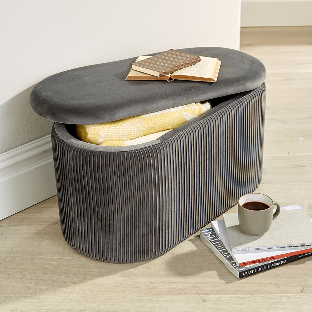 Home Source Aurora Grey Lift Top Velvet Fabric Storage Ottoman Image 5