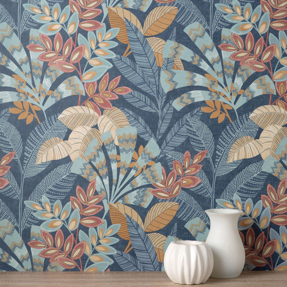 Crown Asha Leaves Navy and Burnt Orange Wallpaper Image 4