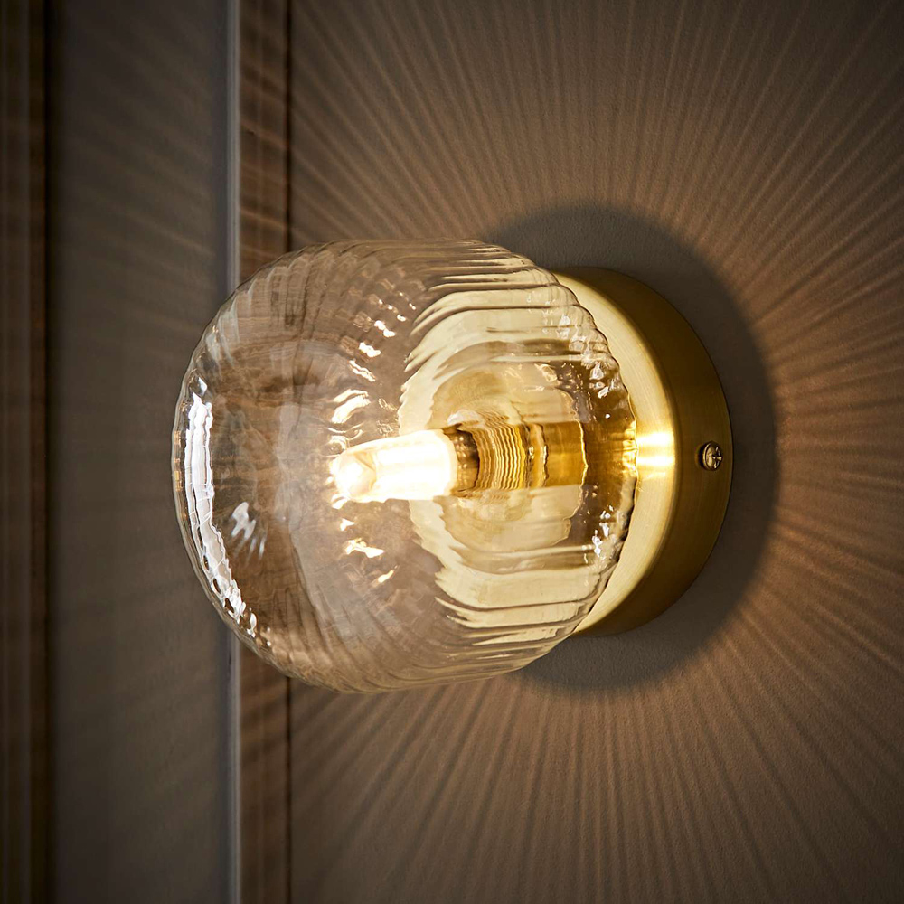ValueLights Calpe Ribbed Clear Shade Brushed Gold Flush Wall Light with Bulb 2 Pack Image 7