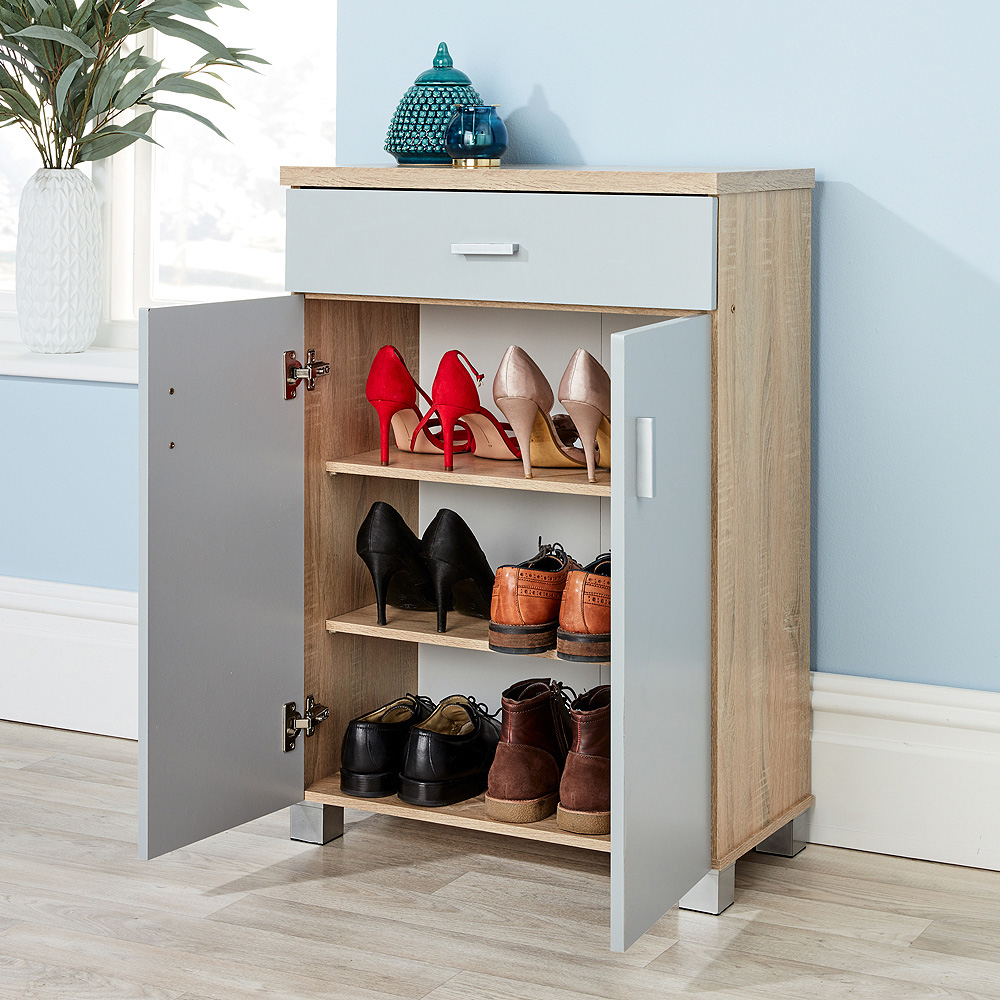 Home Source Venetia 2 Door Single Drawer Grey and Oak Effect Shoe Cabinet Image 6