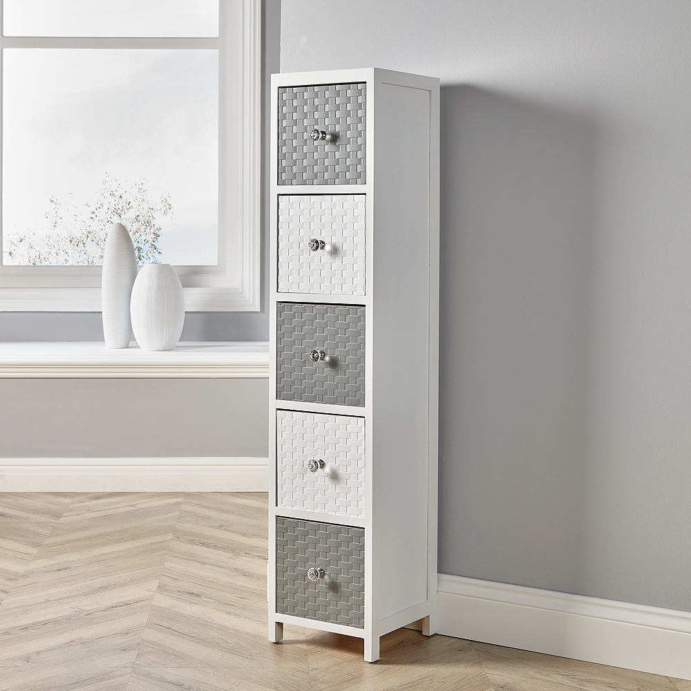 Home Source Crystal 5 Drawer White Grey Narrow Chest of Drawers Image 6