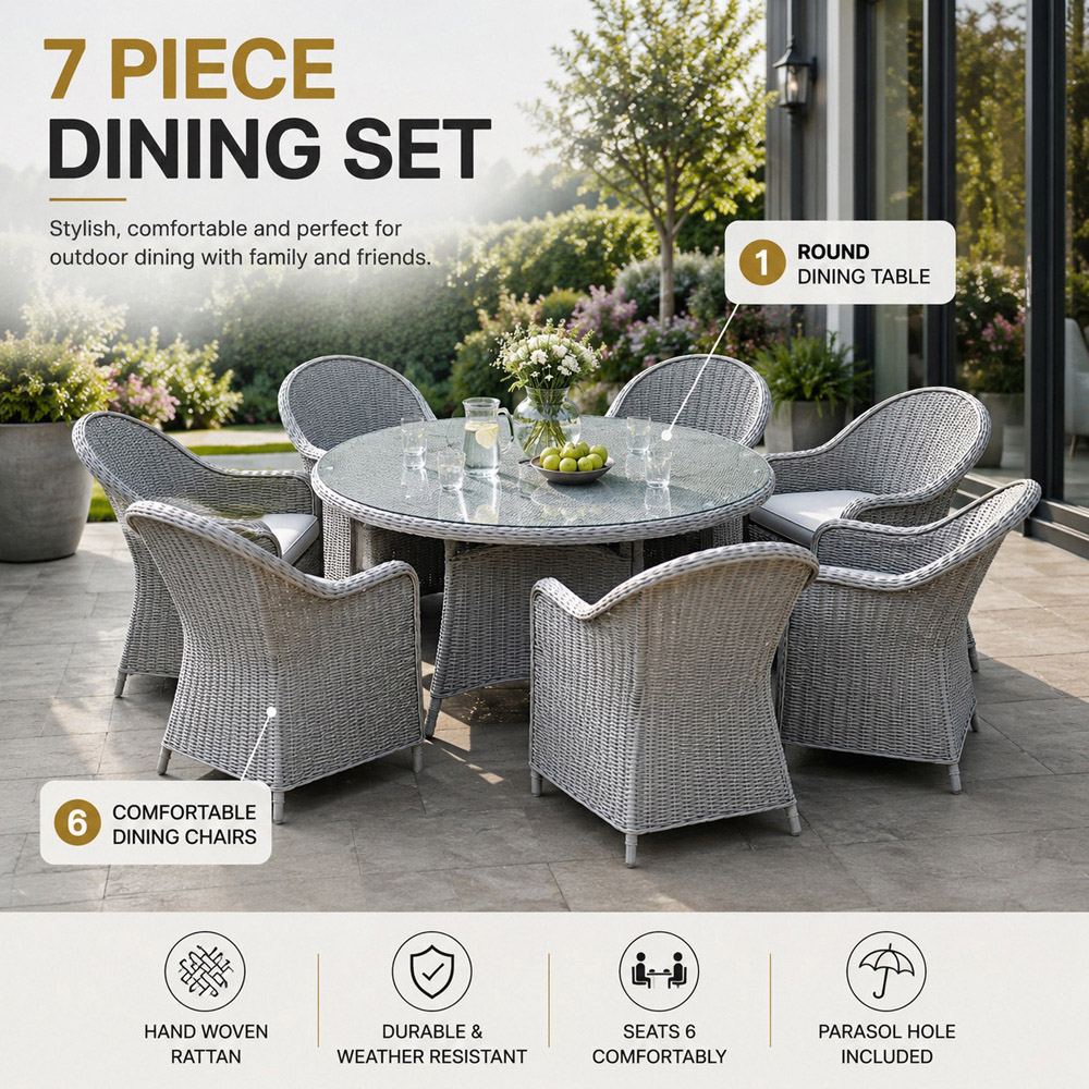 Shatchi Sorrento 6 Seater Rattan Aluminium Round Garden Dining Set Light Grey Image 3