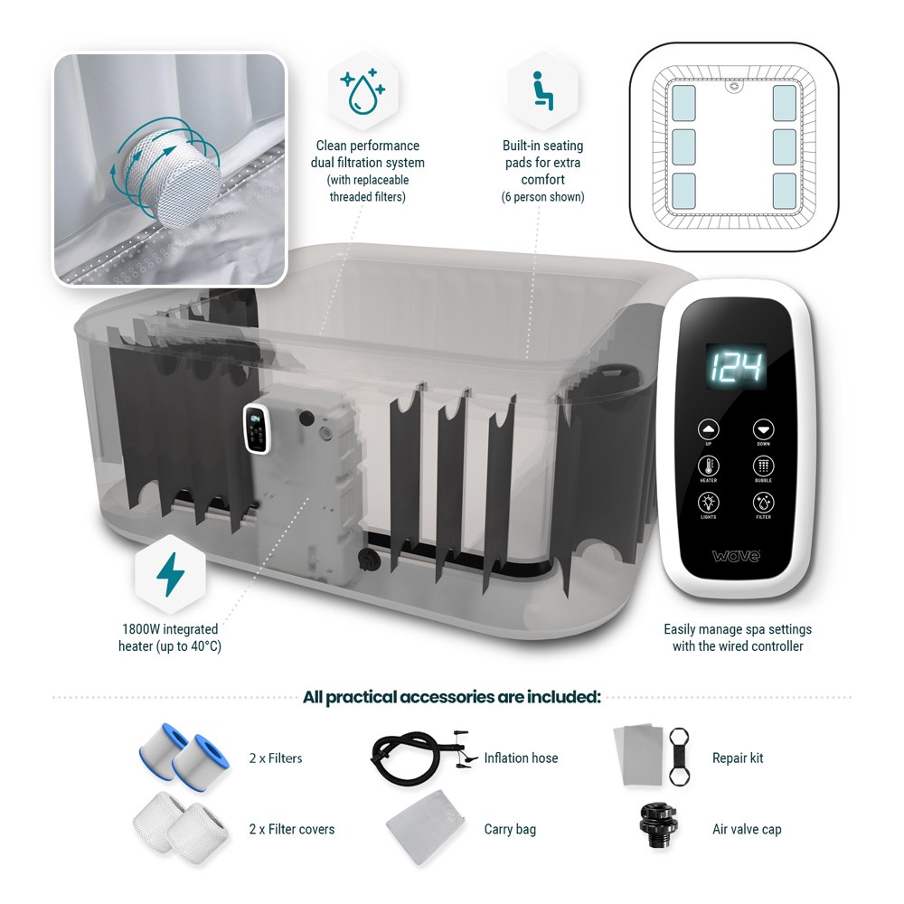 Wave Spas Pacific 4 Person Dark Grey Square Inflatable Hot Tub with EnergySave Bundle Image 6