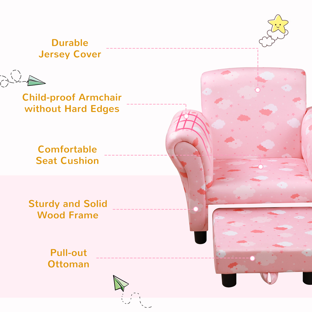 Tommy Toys Pink Cute Cloud Star Wooden Frame Kids Armchair with Footrest Image 7