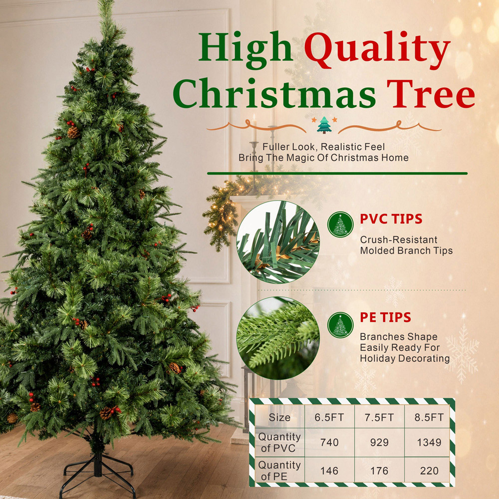 Abrihome Green Artificial Christmas Tree with Blooming Pine Needles Berries and Pinecones 6.5ft Image 8