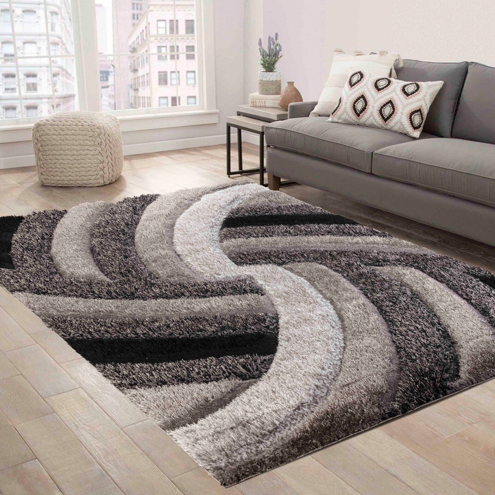 Desire Rug Modern Grey Swirl Shimmer Soft Shaggy Area Rug 120 x 170cm Image 2