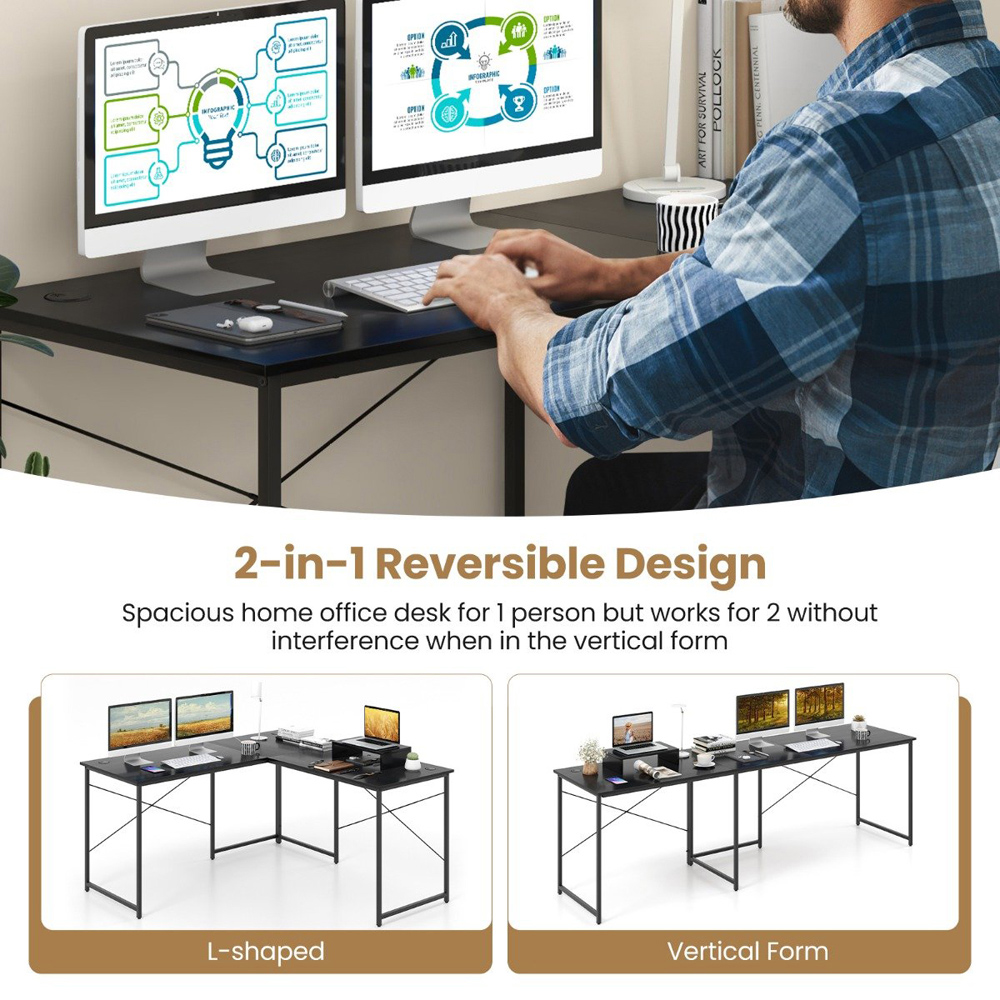 Costway Black Reversible Corner Study Workstation with Monitor Stand Image 5