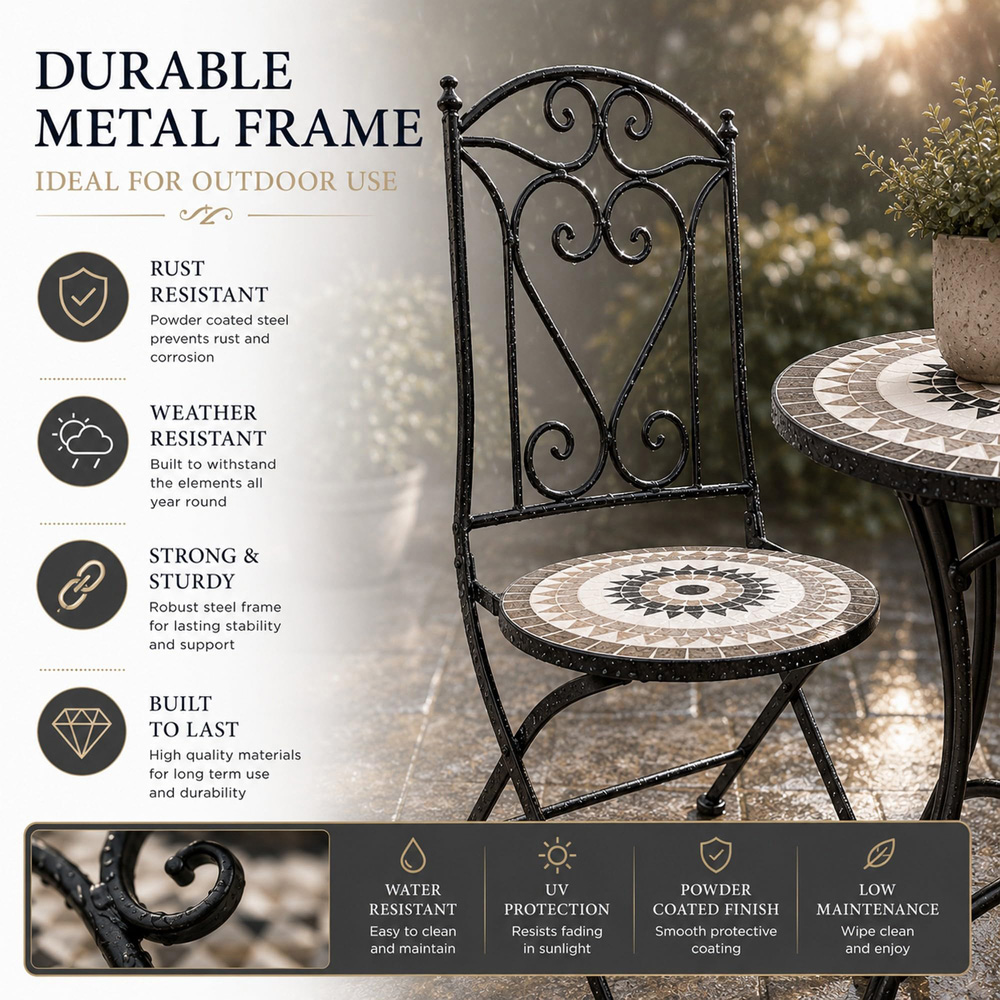 Shatchi Medina 2 Seater Mosaic Ceramic Tile Top Foldable Bistro Set Image 4