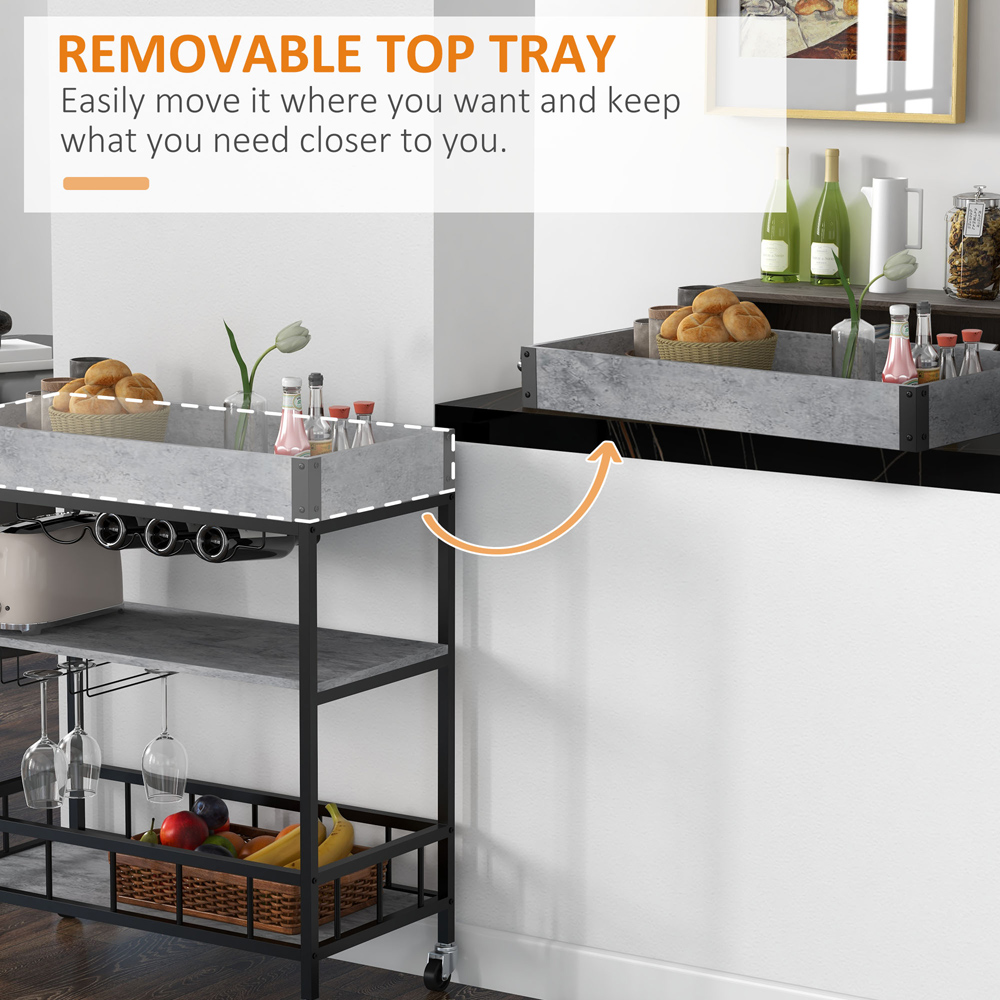 Portland 3 Shelf Faux Marbled Grey Kitchen Island Trolley with Wine Rack and Glass Holder Image 5