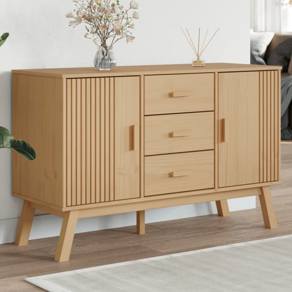 vidaXL Olden 2 Door 3 Drawer Brown Solid Pine Wood Sideboard Image 1