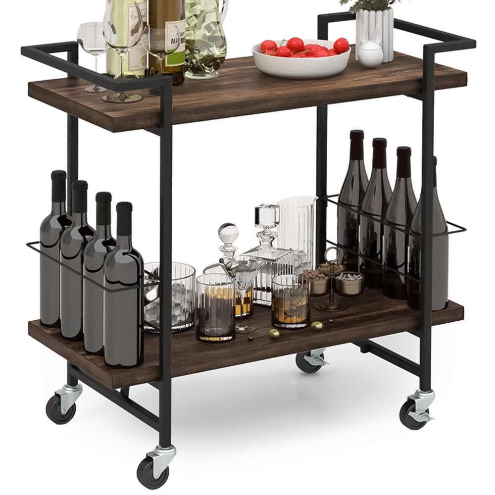 Costway 2 Shelf Rustic Brown Home Bar Cart with Lockable Wheels Image 3