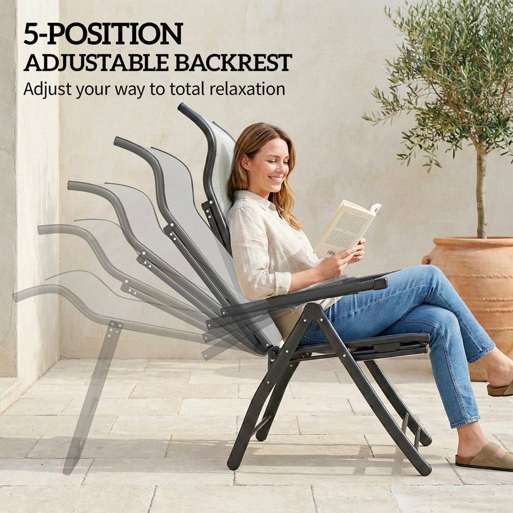 Outsunny Set of 2 Light Grey Folding Reclining Garden Chair with Footrest Image 3