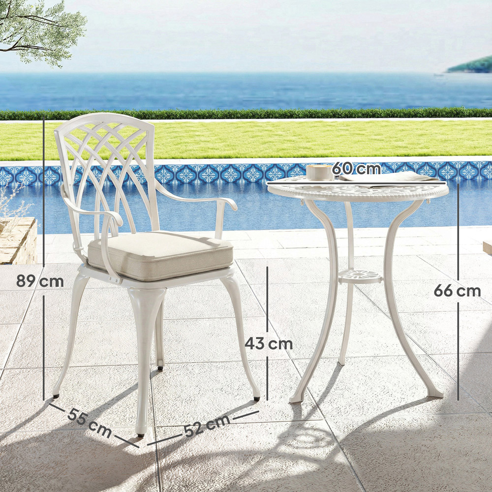 Outsunny 2 Seater White Aluminium Garden Bistro Set with Parasol Hole and Cushions Image 8