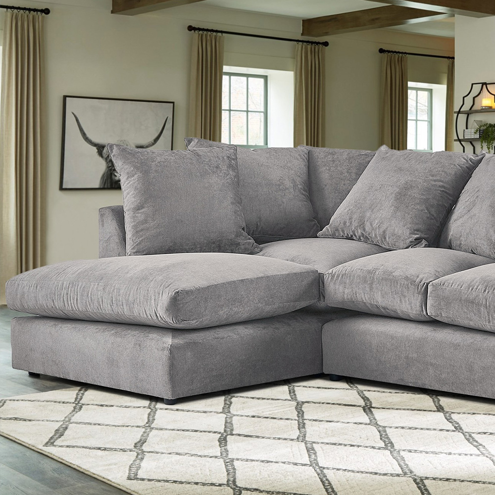 Portland Mirana Modern 3 Seater Grey Plush Velvet Left Hand Corner Sofa Image 2