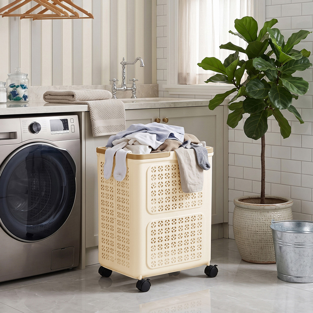 Living and Home Cream and Khaki Foldable Laundry Basket with Wheels 42 x 31 x 55cm Image 2