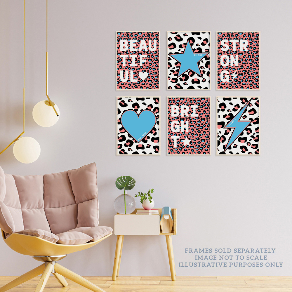 Wee Blue Coo Blue and Pink Leopard Pattern Bold Shapes Wall Art Print 30 x 41cm 6 Pack Image 3