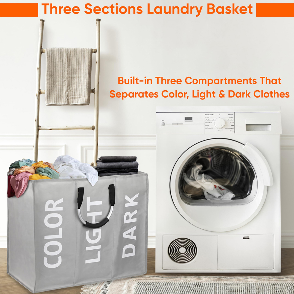 ATEK Triple Compartment Dark Grey Collapsible Laundry Basket Image 3