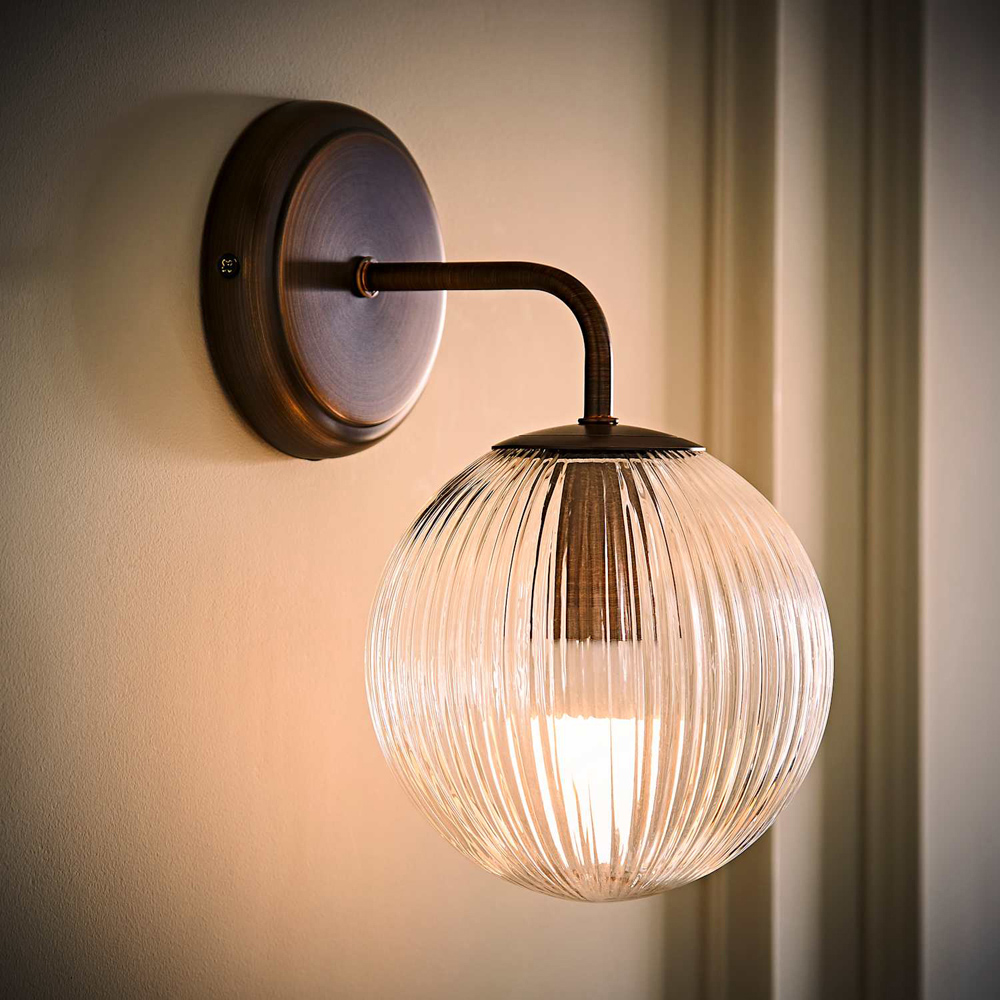 ValueLights Kempton Brushed Brass Ribbed Globe Shade Wall Light with Bulb 2 Pack Image 2