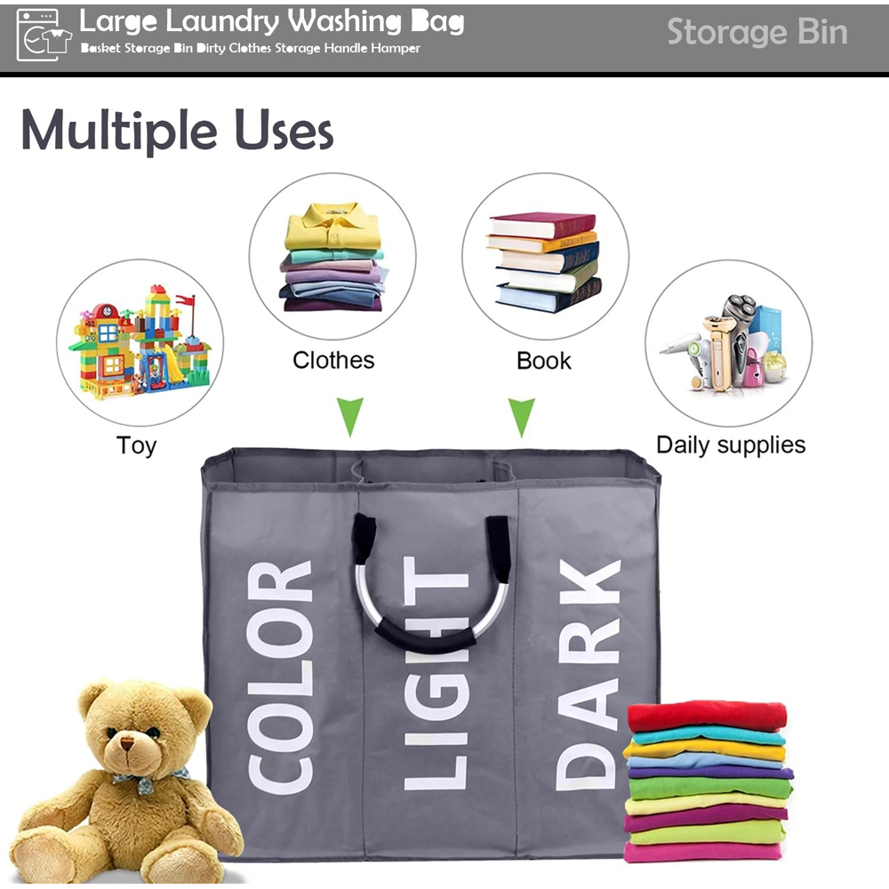 ATEK Dark Grey Triple Collapsible Laundry Basket Image 3