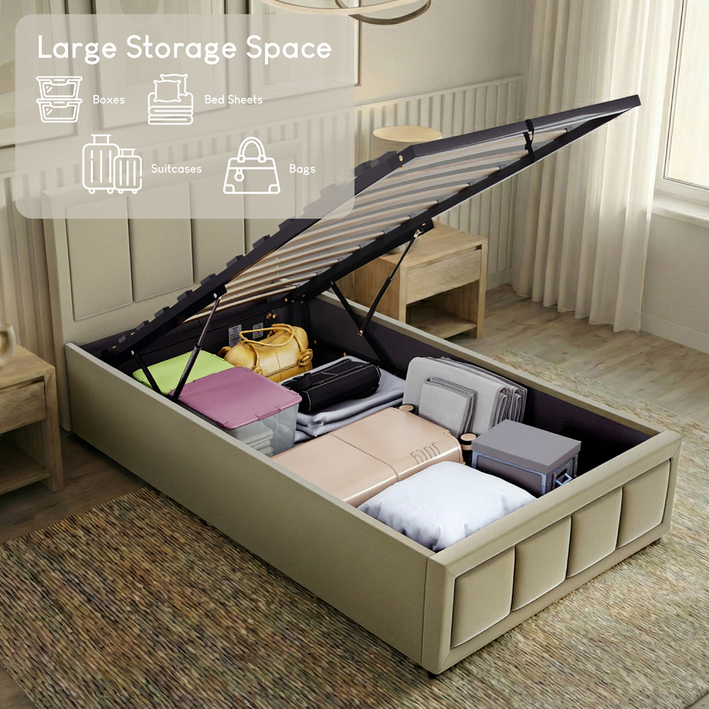 VIDA DESIGNS Vanita Single Beige Linen Ottoman Bed with Padded Headboard Image 6