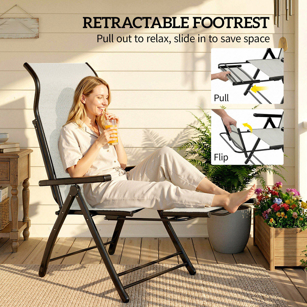 Outsunny Set of 2 Light Grey Folding Reclining Garden Chair with Footrest Image 4