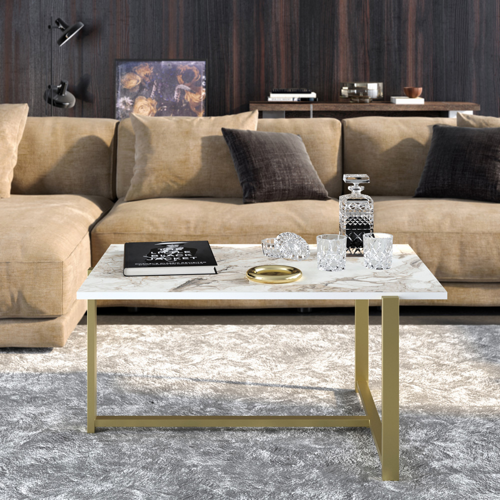 Decorotika Merideths White Marble Effect and Gold Metal Coffee Table Image 4
