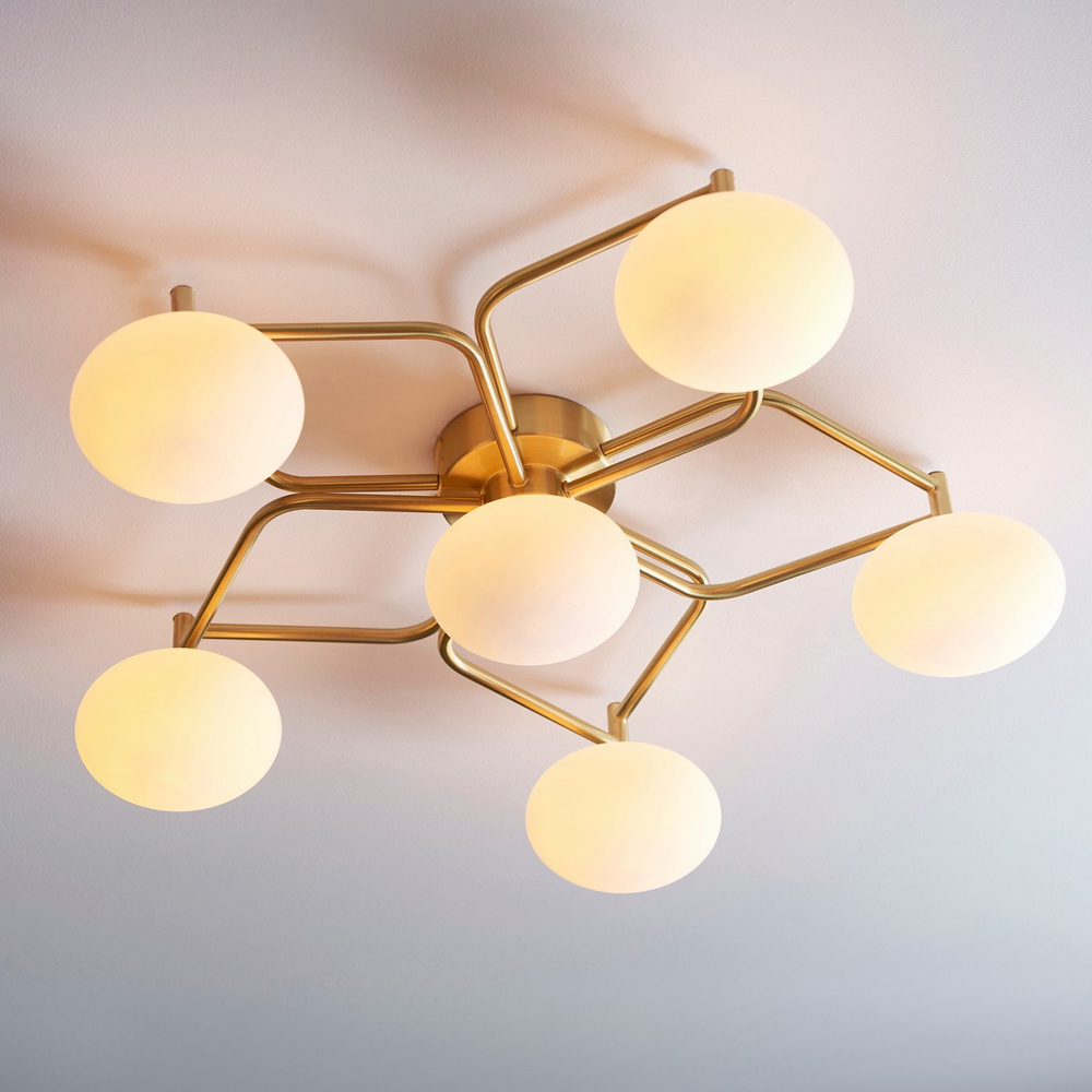 Merano Pesaro Matt Opal Glass Satin Brass Plate Flush Ceiling Light Image 2