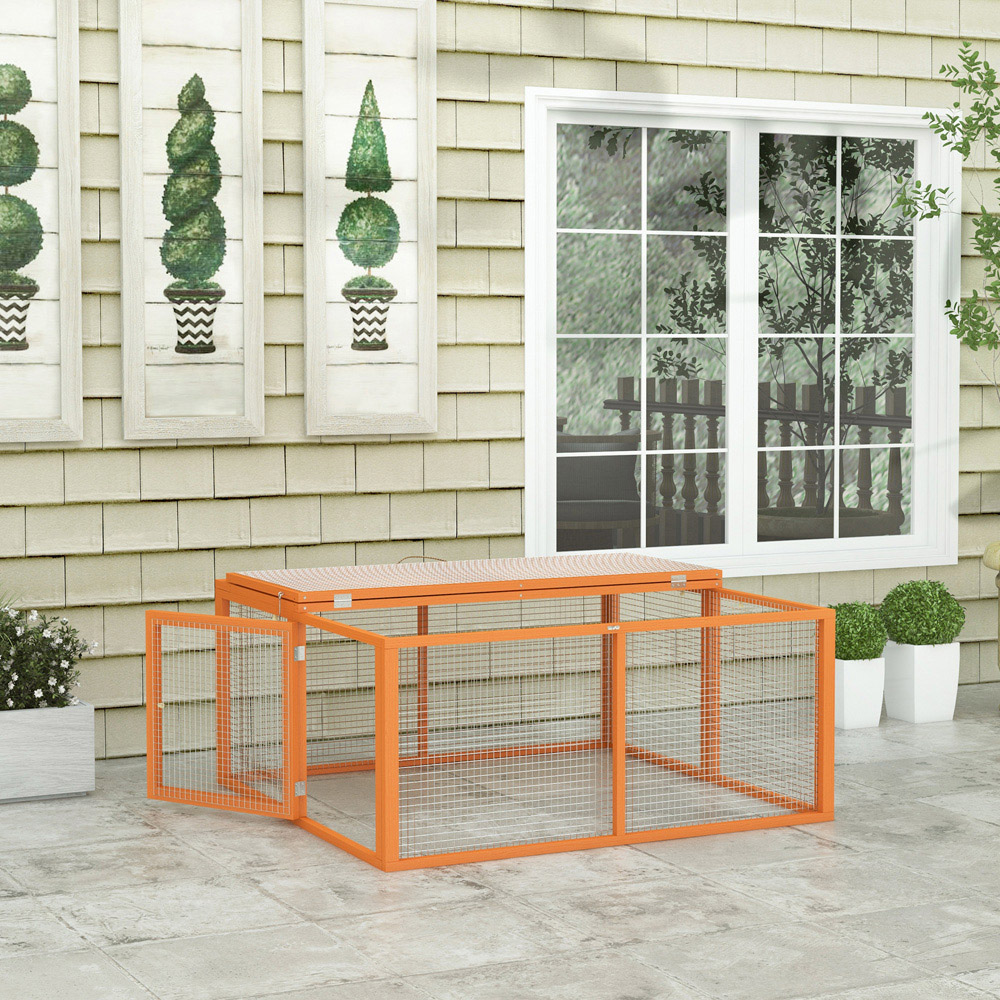 PawHut Orange Folding Wooden Rabbit Hutch with Openable Top Image 3