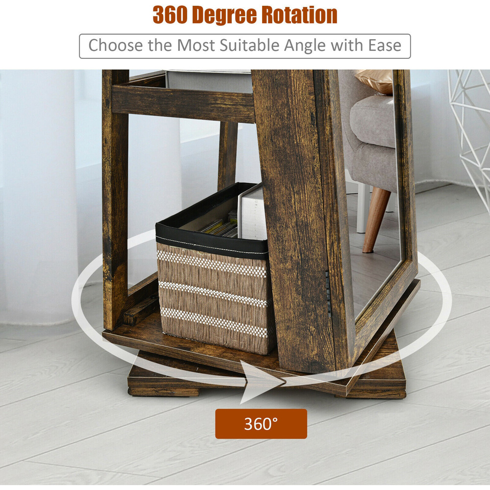 Costway Rustic Brown Rotatable Full Length Mirrored Jewellery Cabinet with 3 Shelf Image 7