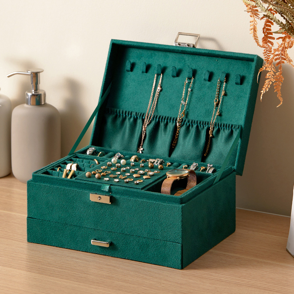 Living and Home 3 Tier Dark Green Velvet Jewellery Case with Lock Image 2