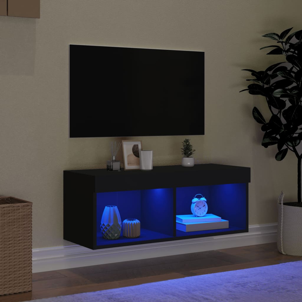 vidaXL 2 Shelf Black Wall Mounted LED TV Cabinet Image 7