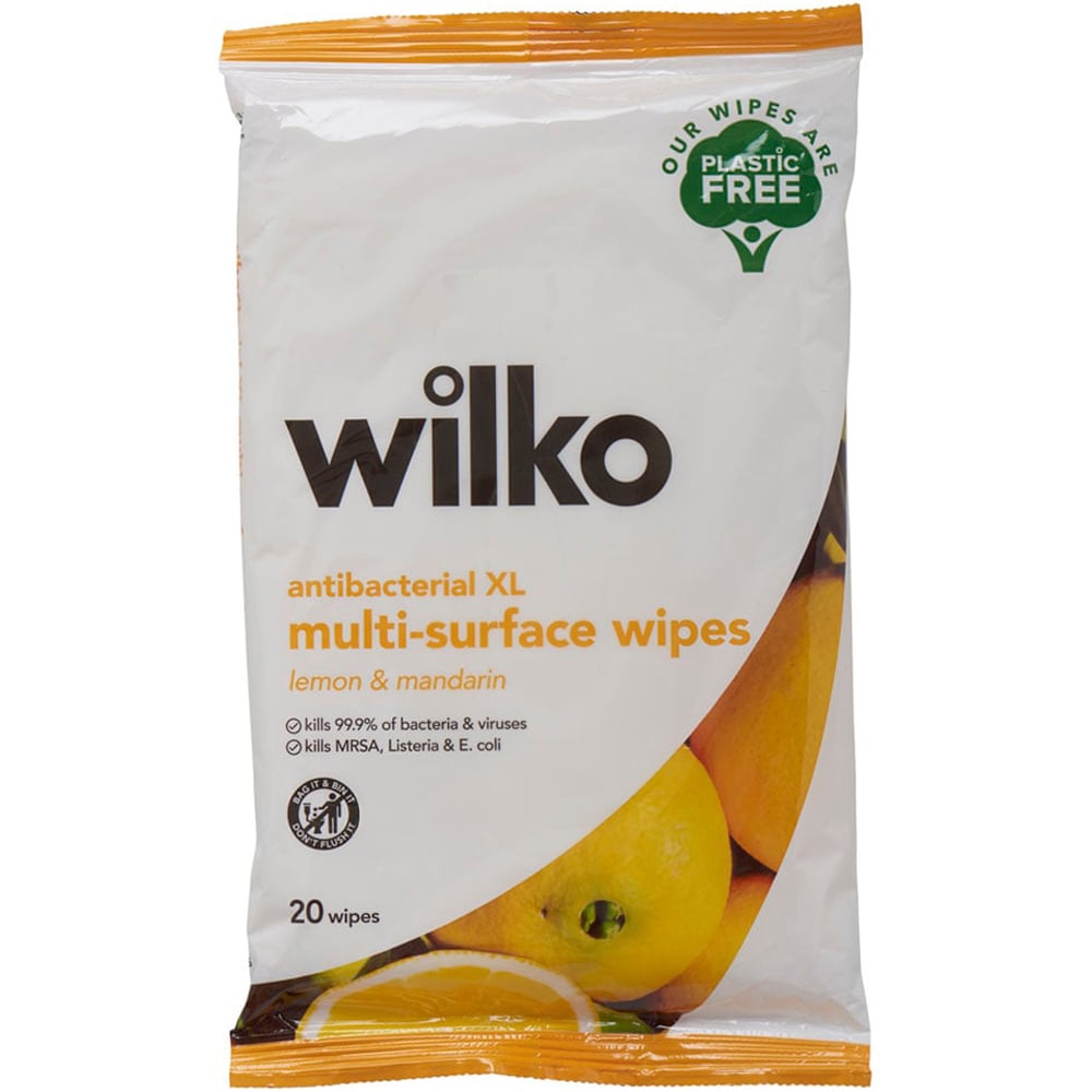 Wilko Lemon and Mandarin Antibacterial XL Multi-surface Wipes 20 Pack Image 1