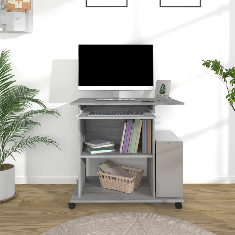 vidaXL 3 Shelf Movable Computer Desk with Keyboard Tray Grey Sonoma Image 7