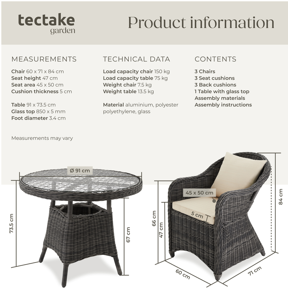 tectake Zurich 3 Seater Grey Garden Table and Chairs Image 9