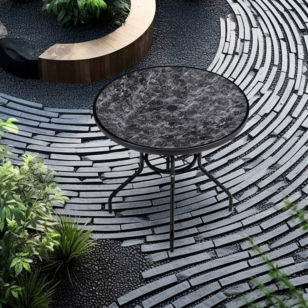 Living and Home Black Tempered Glass Round Marble Coffee Table Image 8