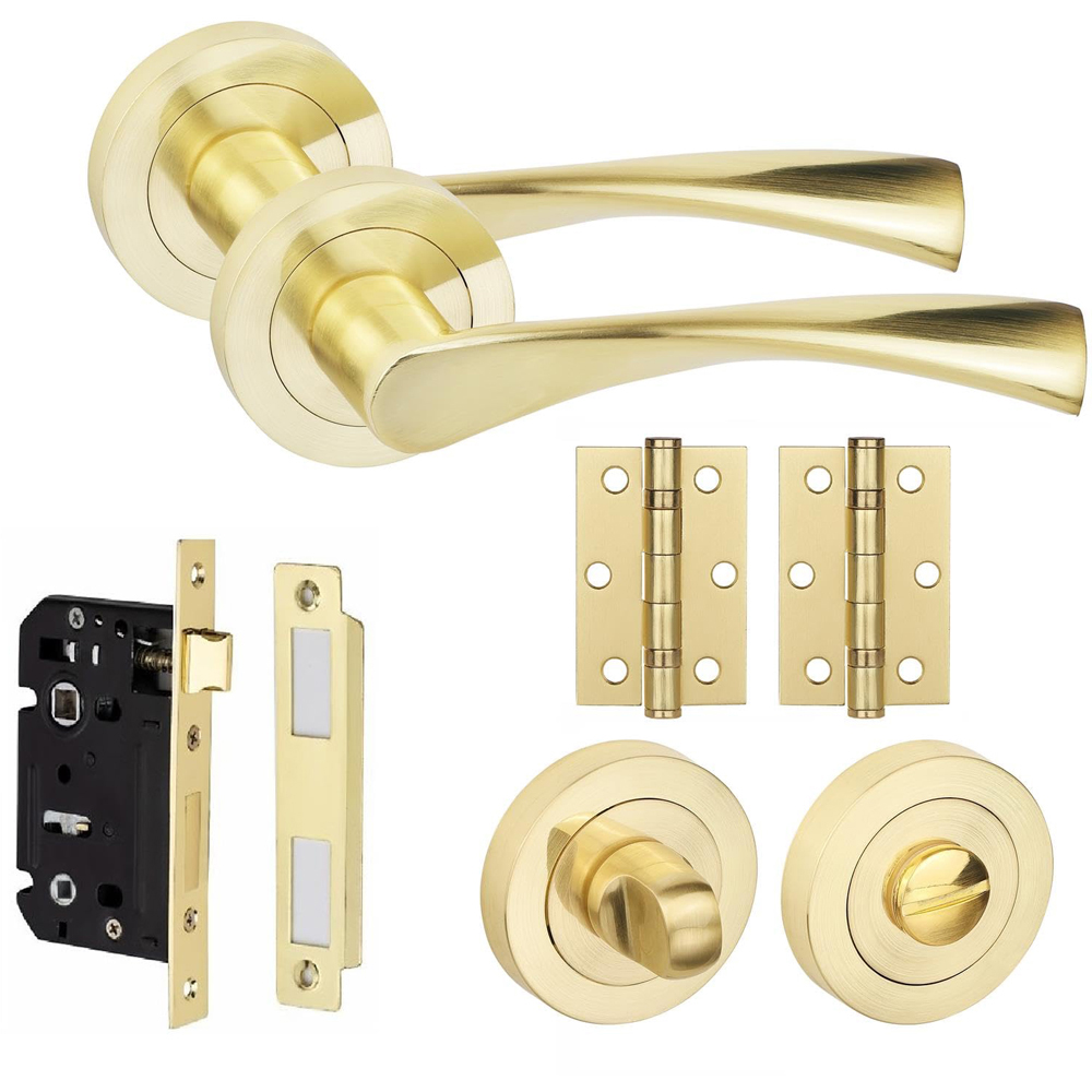 Golden Grace Astrid Satin Brass Bathroom Door Handles Thumbturn and Mortise Lock Set Image 1