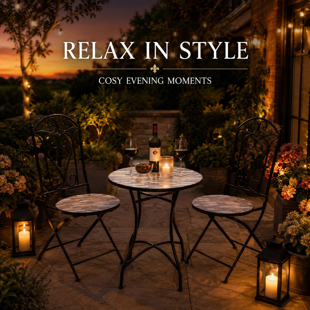 Shatchi Oasis 2 Seater Mosaic Ceramic Tile Top Foldable Bistro Set Image 4
