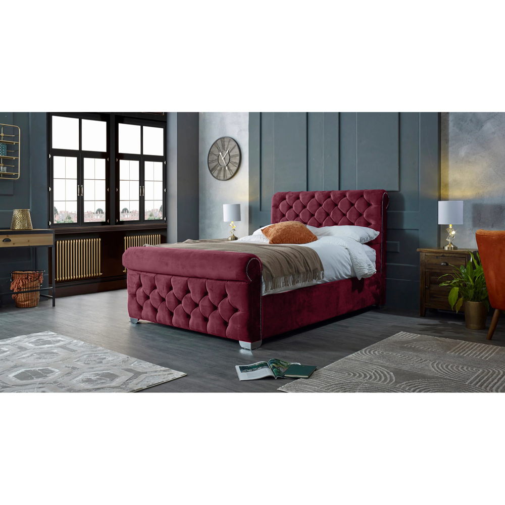 Eleganza Home Veneta Double Maroon Plush Velvet Bed Frame with Chesterfield Headboard Image 4