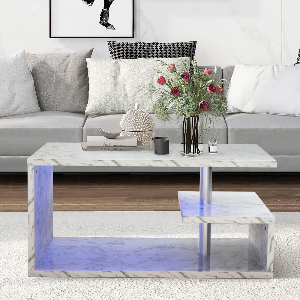 Comfy Living White Marble Effect High Gloss Abstract LED Coffee Table Image 6