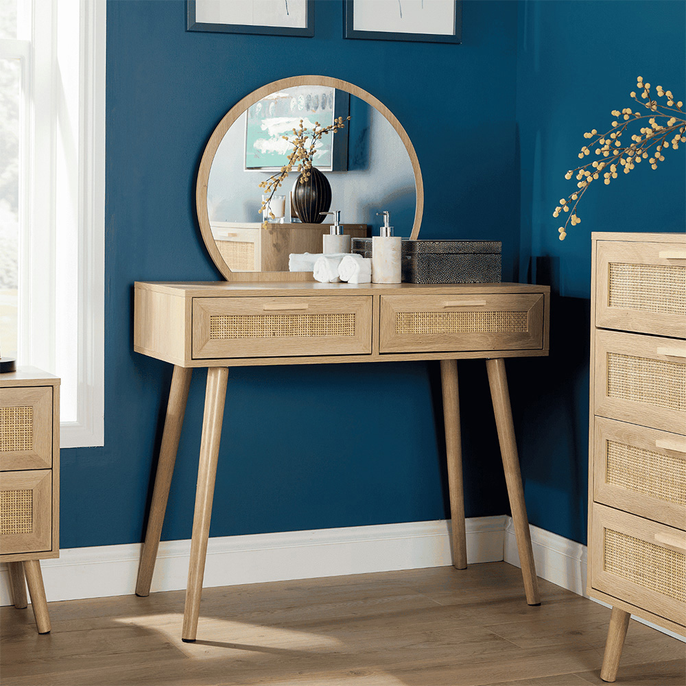 Home Source Astbury 2 Drawer Rattan Dressing Table with Circular Vanity Mirror Set Image 7
