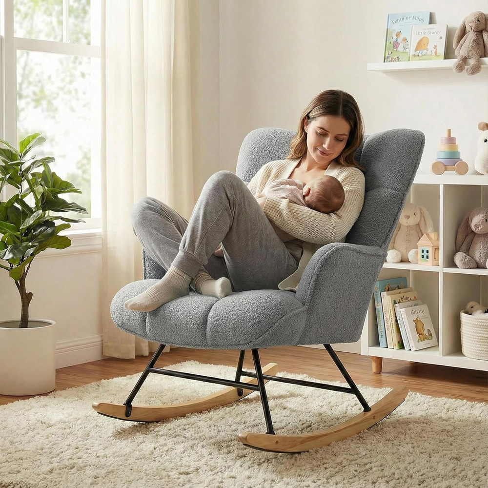 Alivio Grey Teddy Plush High Backrest Rocking Chair Image 5